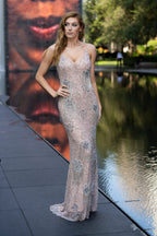 Lara Danika Floral Beaded Sheath Beaded Dress with Beaded Fringe