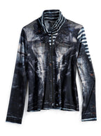 Women's Zip Front Mesh Denim Look Printed Jacket