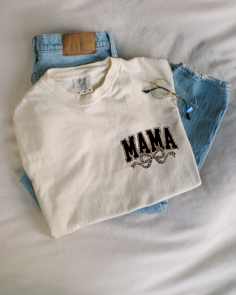 Mama Leopard Ribbon Comfort Colors T Shirt (Left Chest)