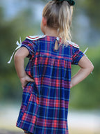 Navy Red Christmas Plaid Wreath Embroidered Girl Dress