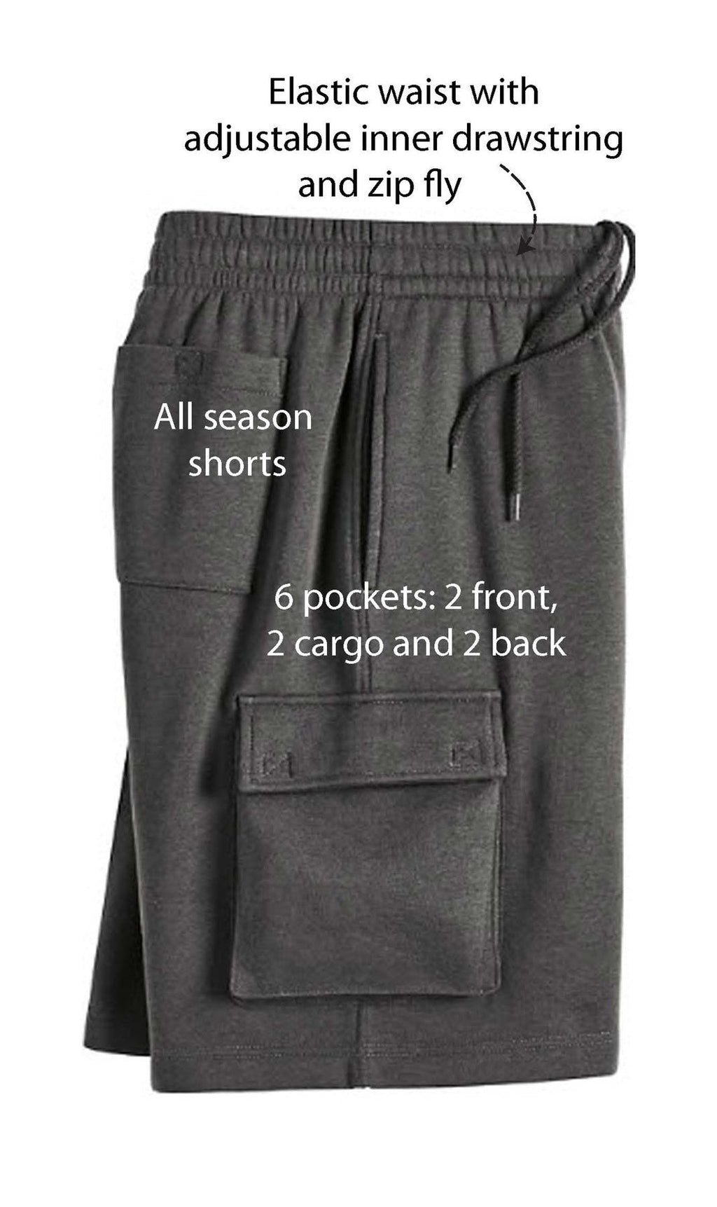 Men's Fleece Cargo Shorts — Elastic Waist Multi-Pocket Sweat Shorts