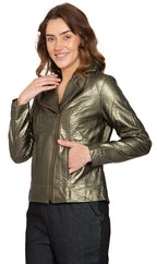Women's Asymmetrical Zip Metallic Snake Pattern Moto Jacket