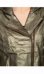 Women's Asymmetrical Zip Metallic Snake Pattern Moto Jacket