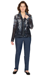 Women's Zip Front Mesh Denim Look Printed Jacket