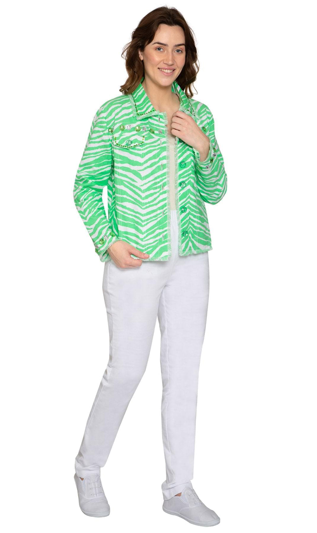 Women's Jewel Trimmed Zebra Print Canvas Jacket