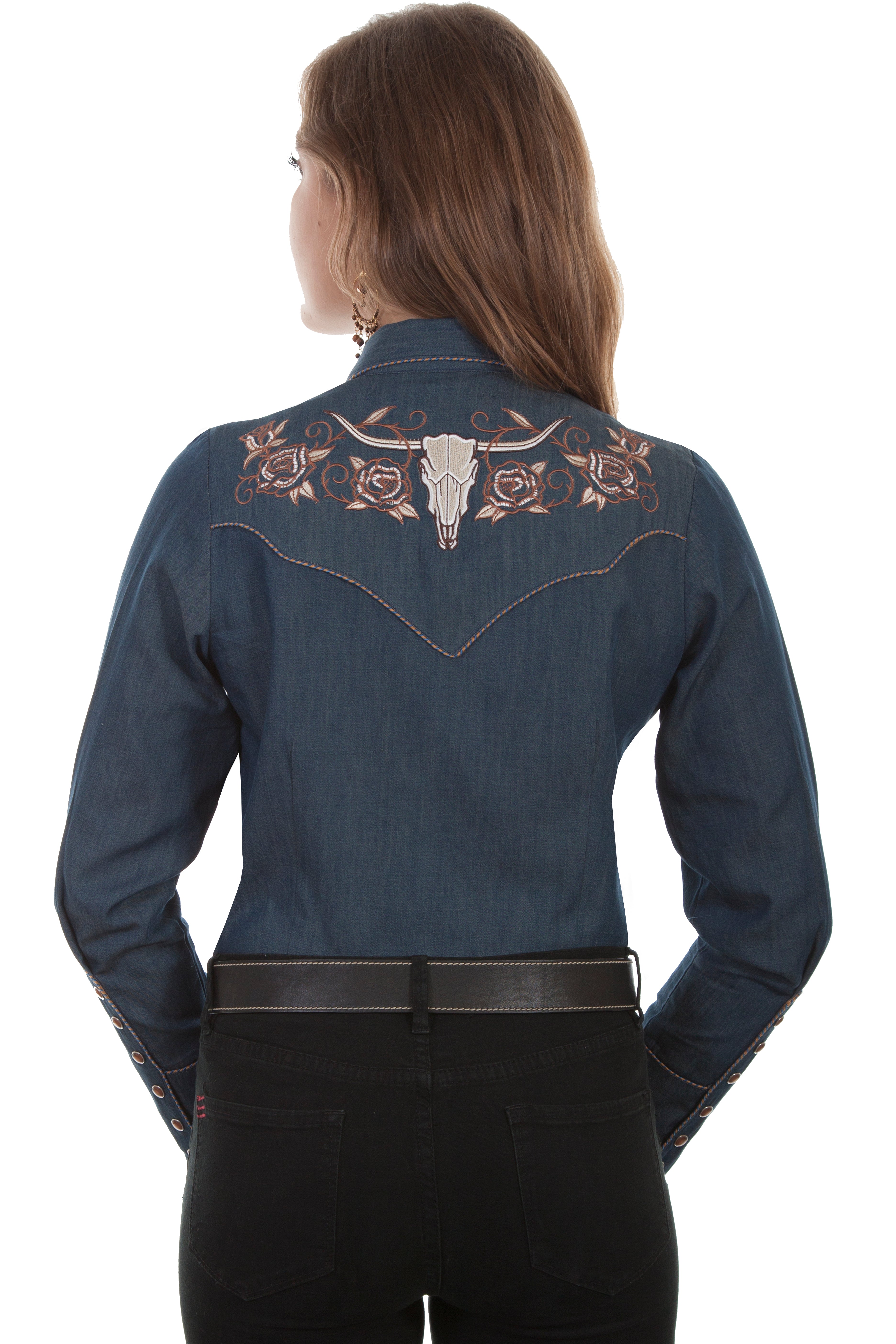 LADIES LONGHORN ROSE EMB. BLOUSE
