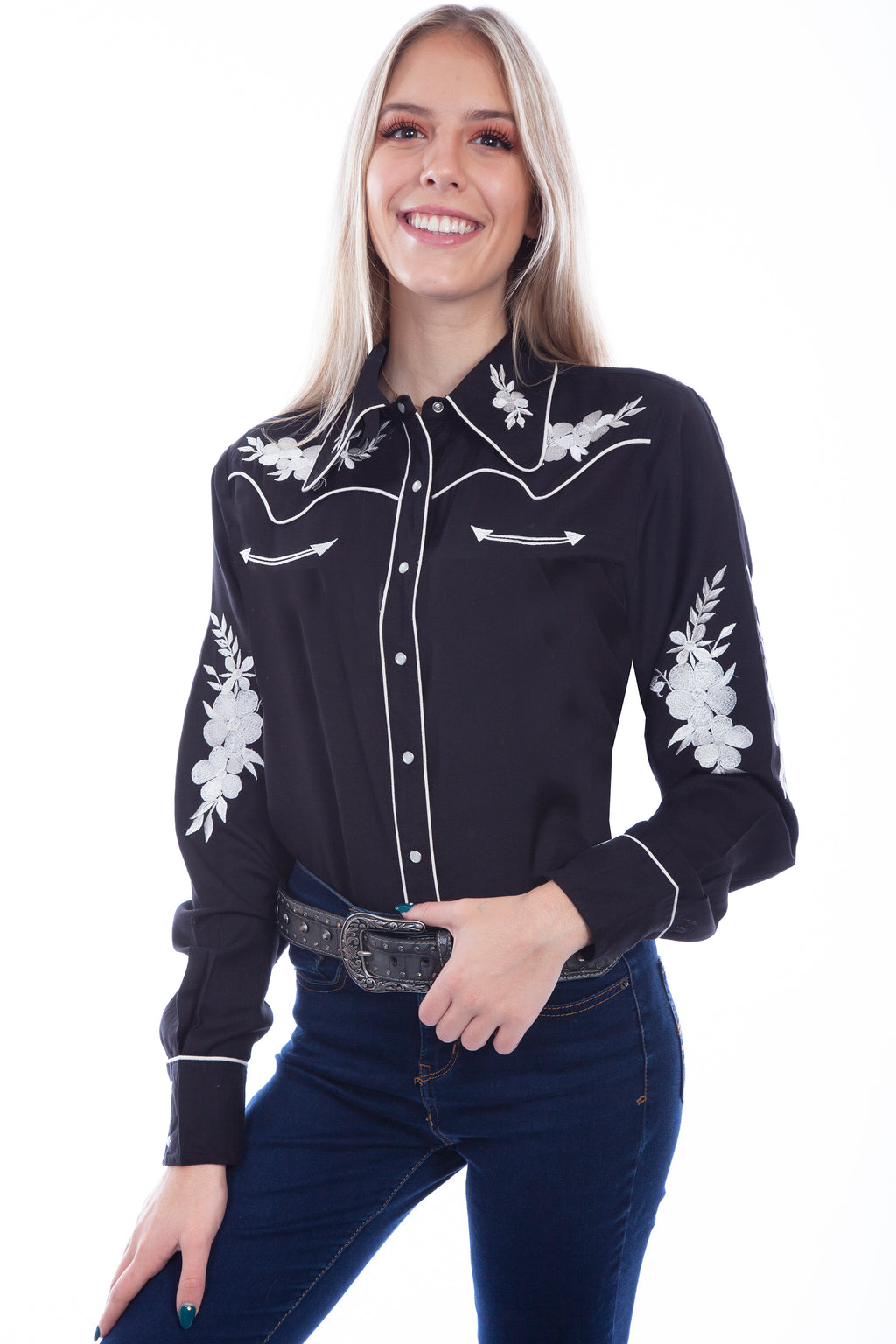 FLORAL EMB. BLOUSE W/CONT.PIPING