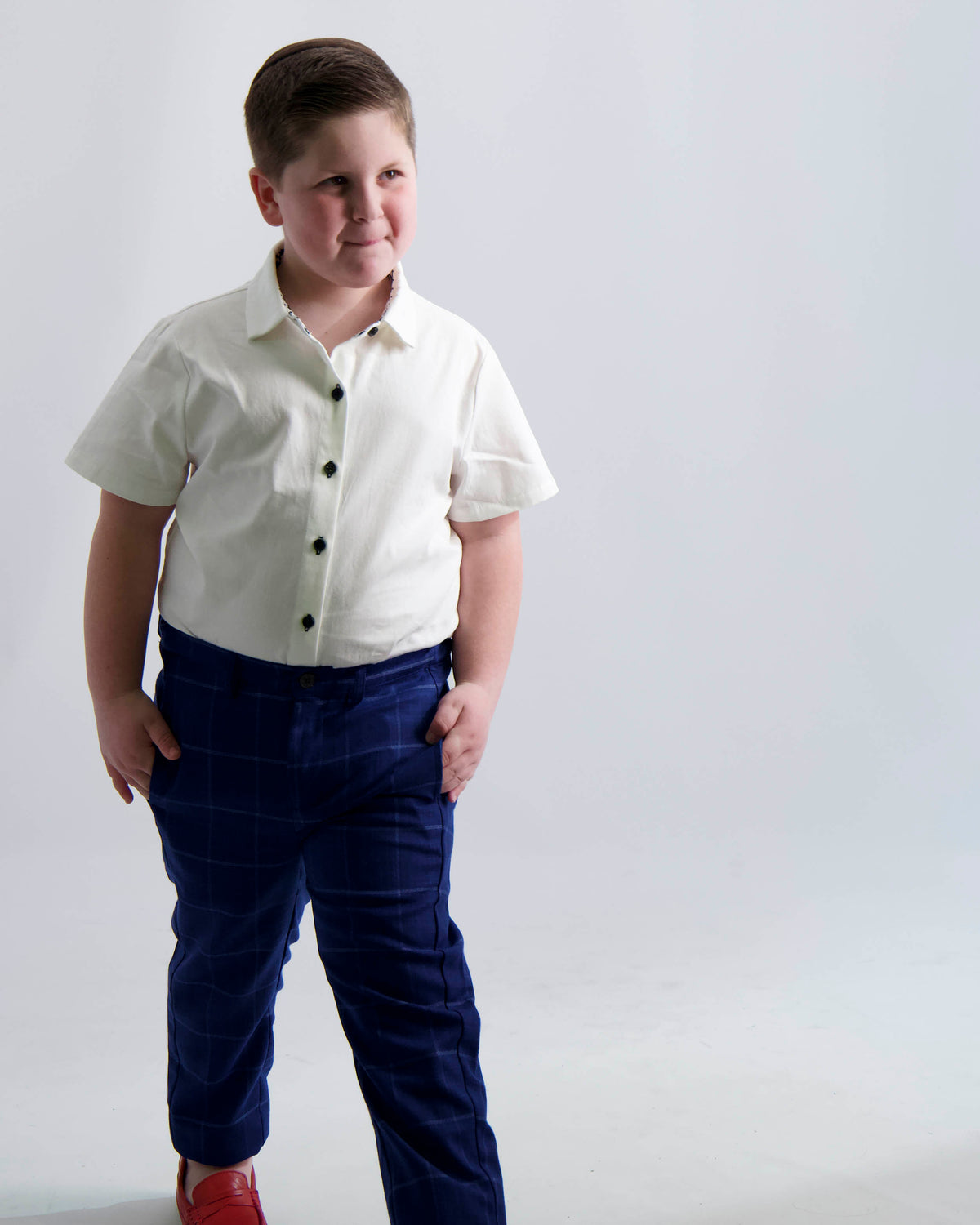 Black Buttons Short Sleeve Dress Shirt with Houndstooth Contrast