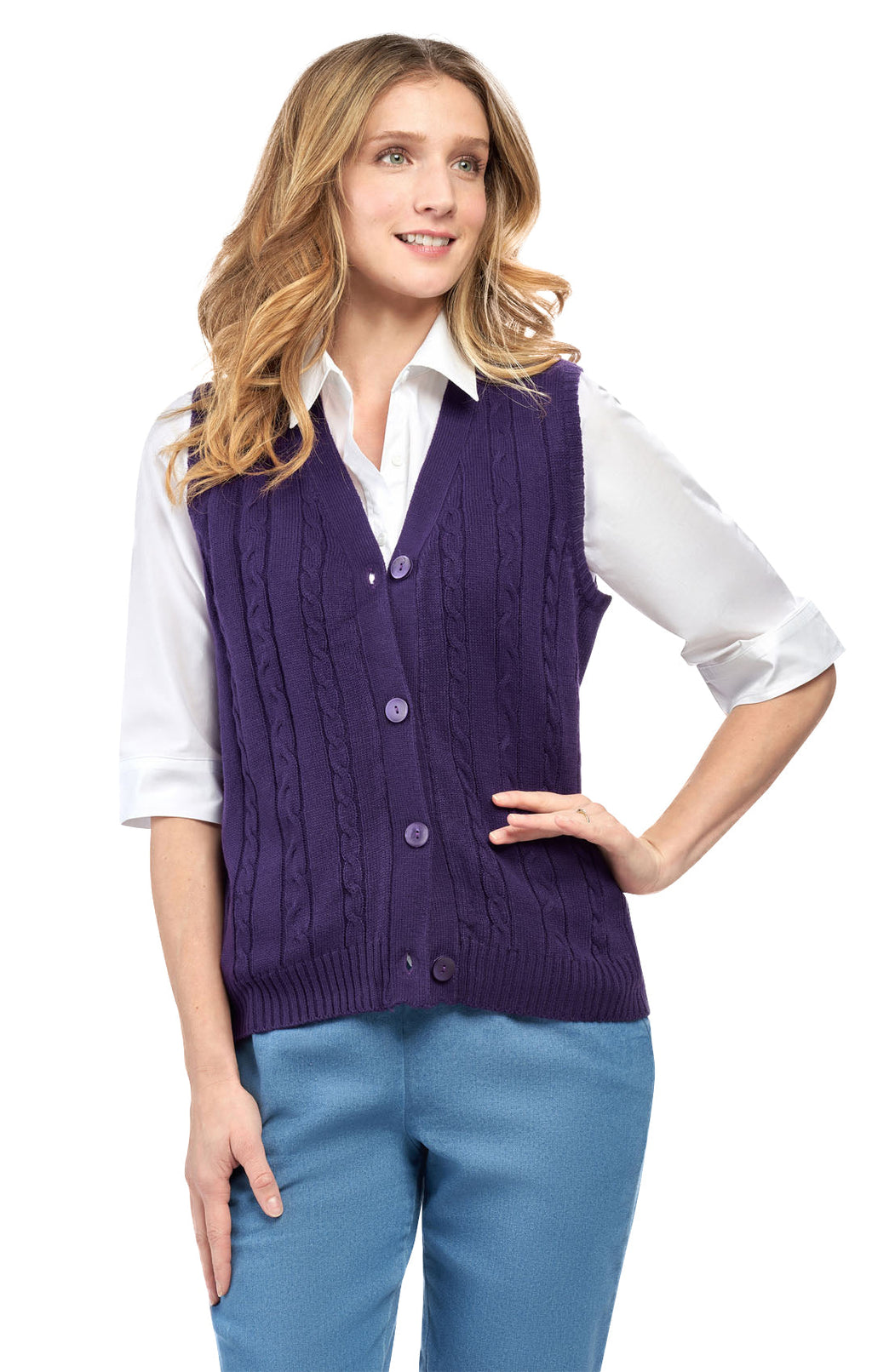 Women's Cable Knit Cardigan Sweater Vest — Button Front