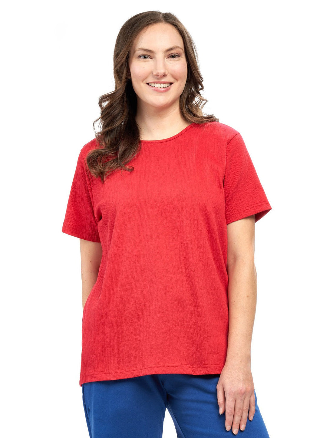 Women's Short Sleeve Textured Knit T-Shirt — Jewel Neckline Cotton Blend