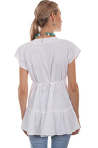 TIE BACK V-NECK BLOUSE W/RUFFLE BOTT