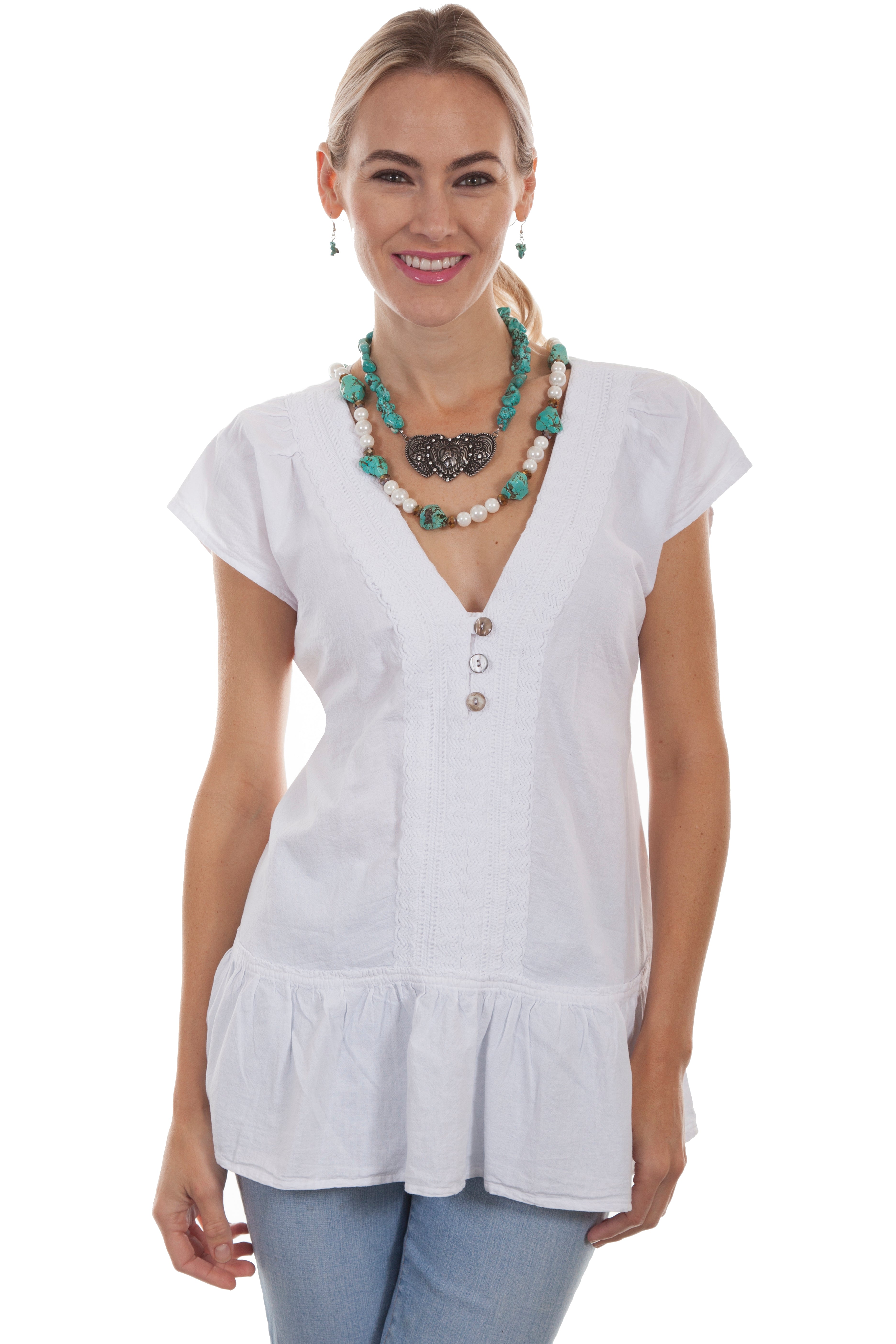 TIE BACK V-NECK BLOUSE W/RUFFLE BOTT