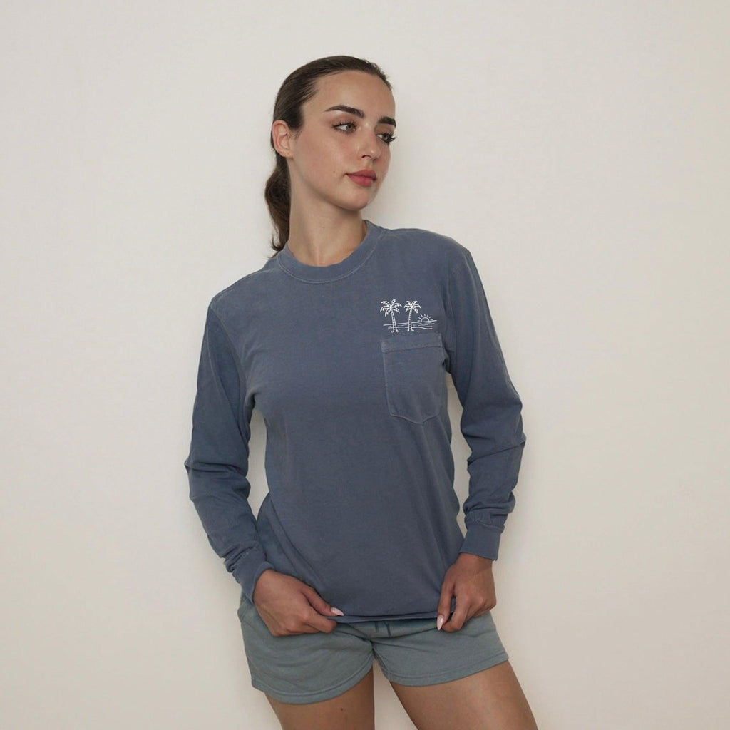 Palm Tree Beach Vacation Pocket Comfort Colors Long Sleeve Shirt