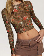 Cropped mesh ruffle hem floral leopard top