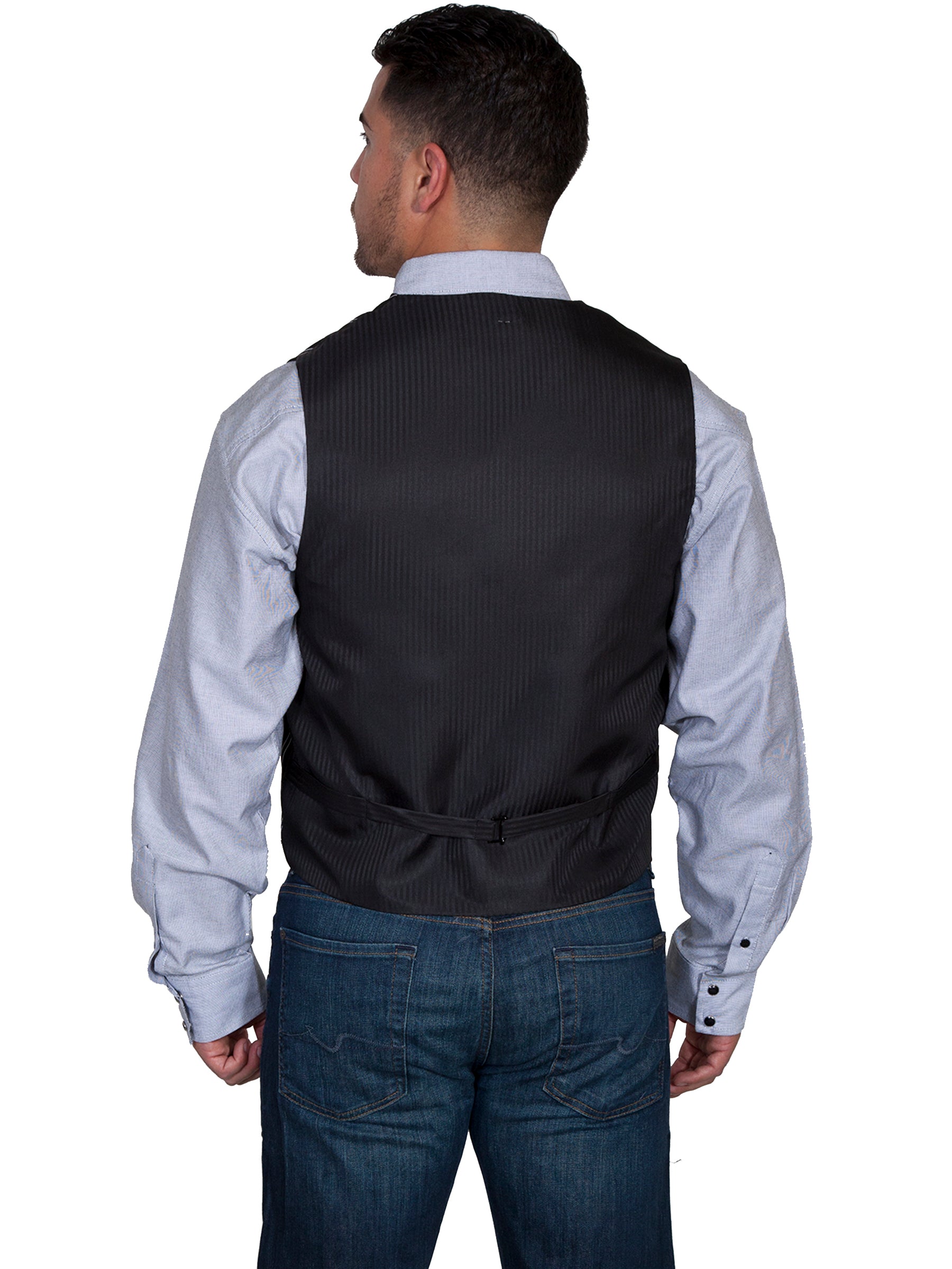 NO LAPEL BLK/WHT PINSTRIPE VEST