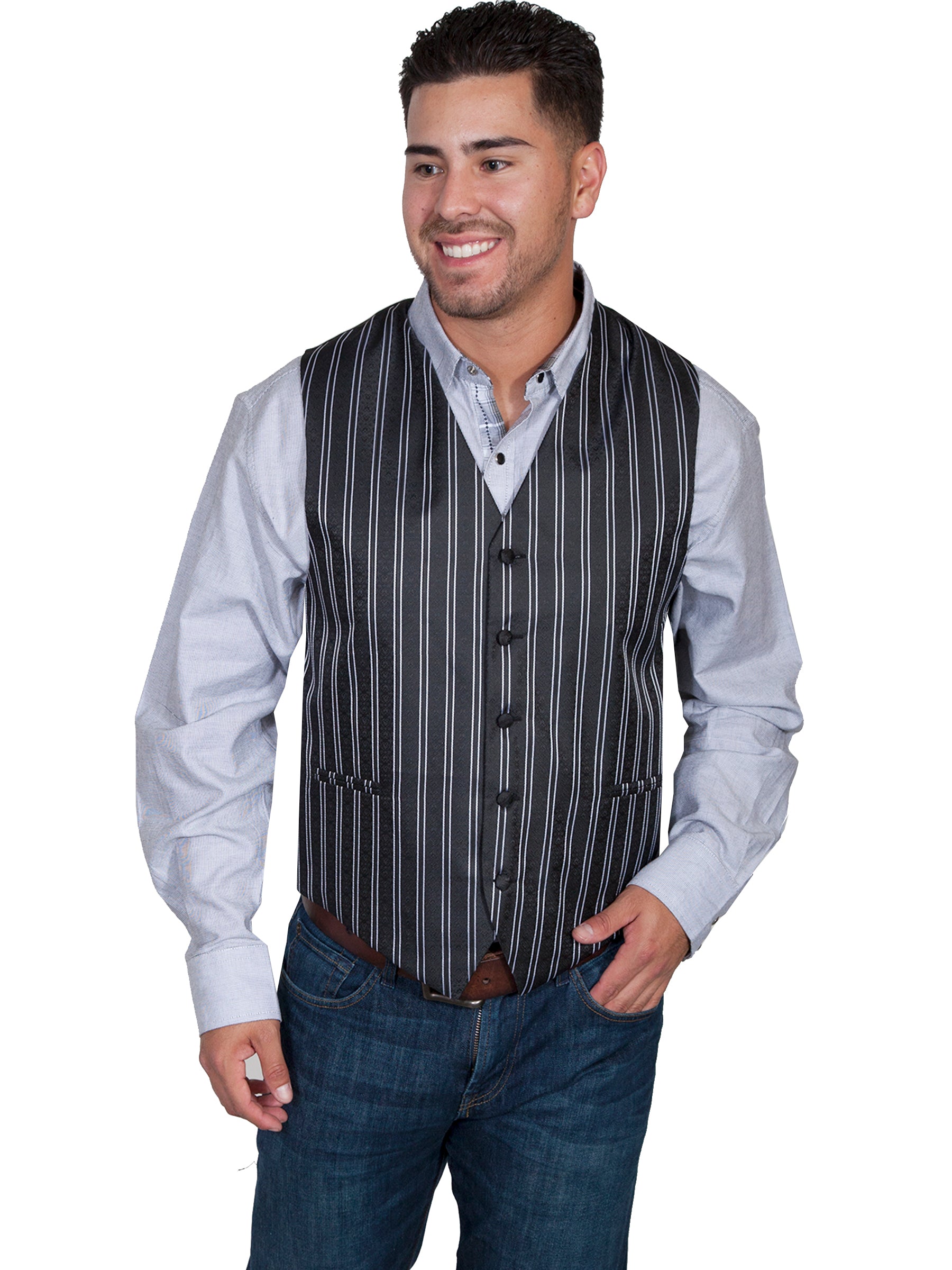 NO LAPEL BLK/WHT PINSTRIPE VEST