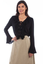 LADIES RUFFLE FRONT LACE UP BLOUSE