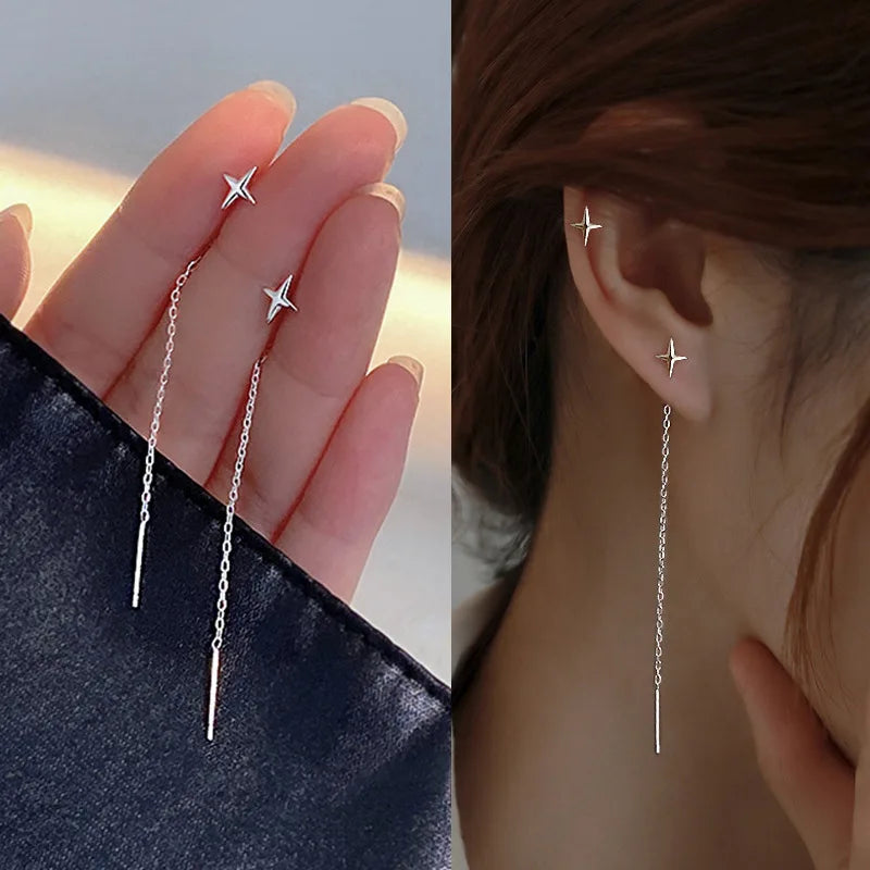 Silver Color Crystal Tassel Non-Piercing Cuff Ear Clip Earring For Women Shiny Rhinestone Chain Fake Cartilage Piercing Jewelry