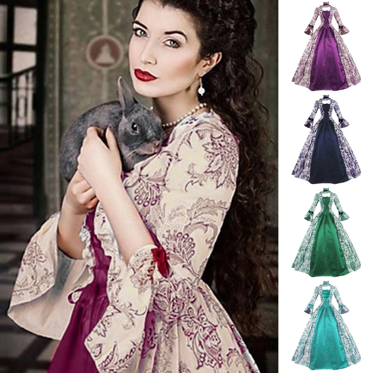 Women Lace-Up Medieval Dress Ruffles Bow Vintage Victorian Carnival Maxi Dress High Waist Floral Female Fairy Long Dress Vestido