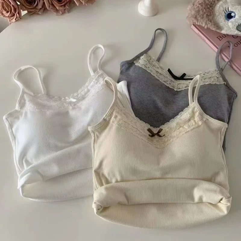 New Knitted Crop Top For Women Solid Color Lace Sling Tops Knitwear Tank Top Female Sexy Slim Camisole Sweet Short Beau Back Top