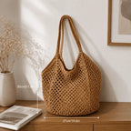 Women Large‑Capacity Woven Tote Bag, Light Breathable Open‑Top Shoulder Handbag for Beach Travel Shopping Commute Daily Use
