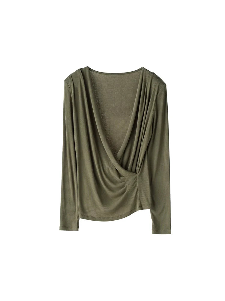 SuyaDream Women's Silk Blend T-Shirt, Wrapped V Neck, Long Sleeved, Ribs Knitted Basic Tee, Monochromatic, 2023 Fall, Winter