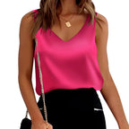 Women Satin Silk Lace Summer Tank Tops Camis Vest Blouse Casual Lady V-Neck Sleeveless Straps Vest Shirt Solid Pullover Tops