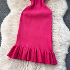 Summer Knitted Bodycon Sexy Dress 2026 O Neck Sleeveless Ruffled Party Sundress High Street Elastic Slim Short Dress