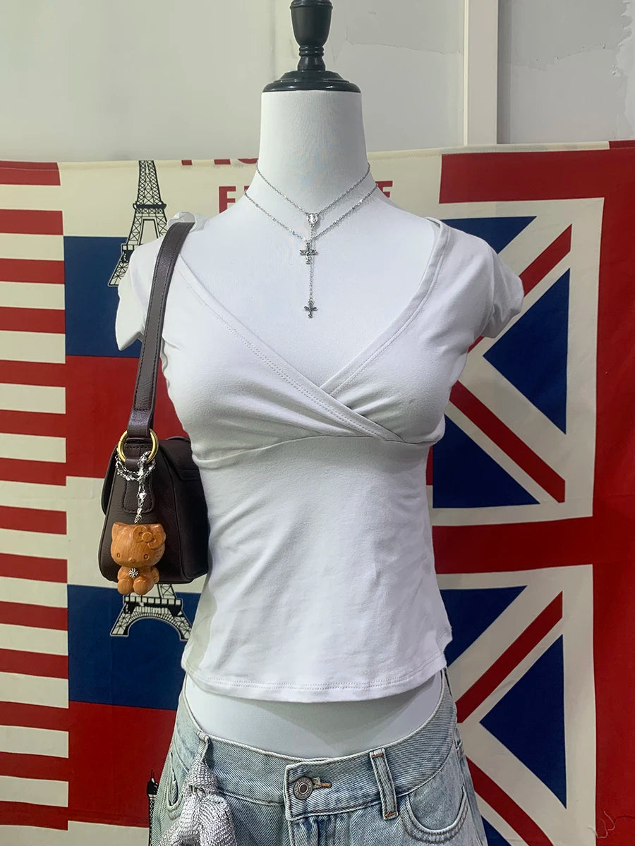 New Rose Red Slim Crop Top Woman Sexy V-neck Short Sleeve Cotton Cropped T-shirt Solid Casual Simple Sweet All-match Tee Tops