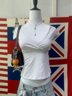 New Rose Red Slim Crop Top Woman Sexy V-neck Short Sleeve Cotton Cropped T-shirt Solid Casual Simple Sweet All-match Tee Tops