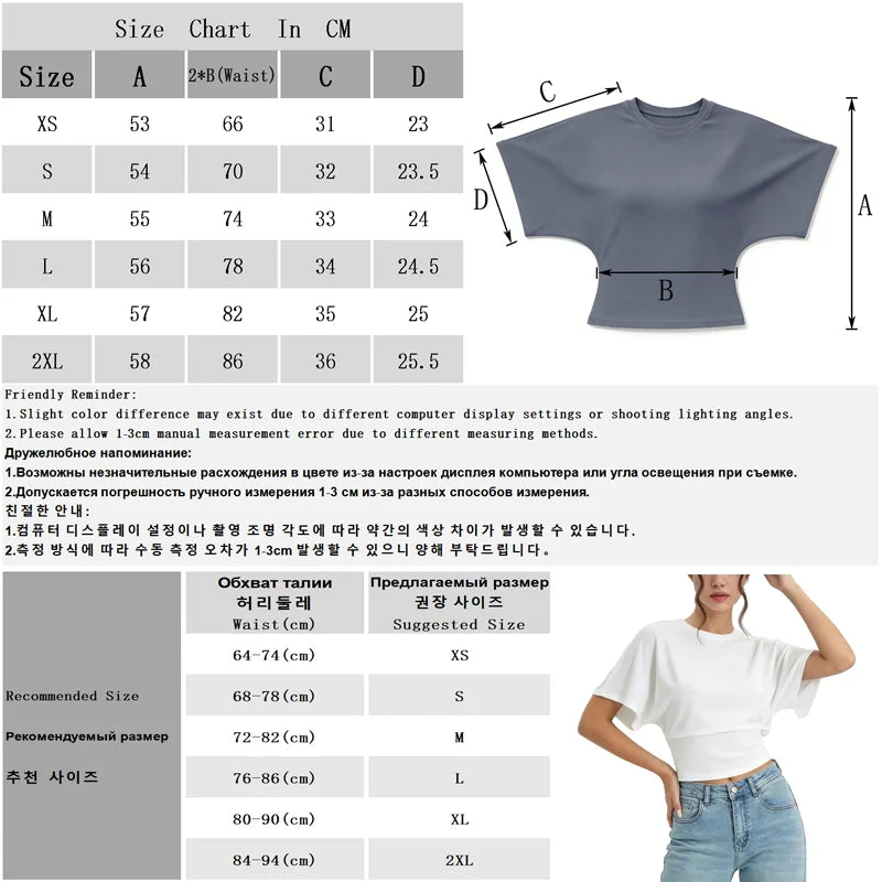 Women Round Neck Batwing Short Sleeve T-shirt Solid Color Slim Waist Casual Daily Basic Tee Stretchy Soft Comfort Knit Lady Tops