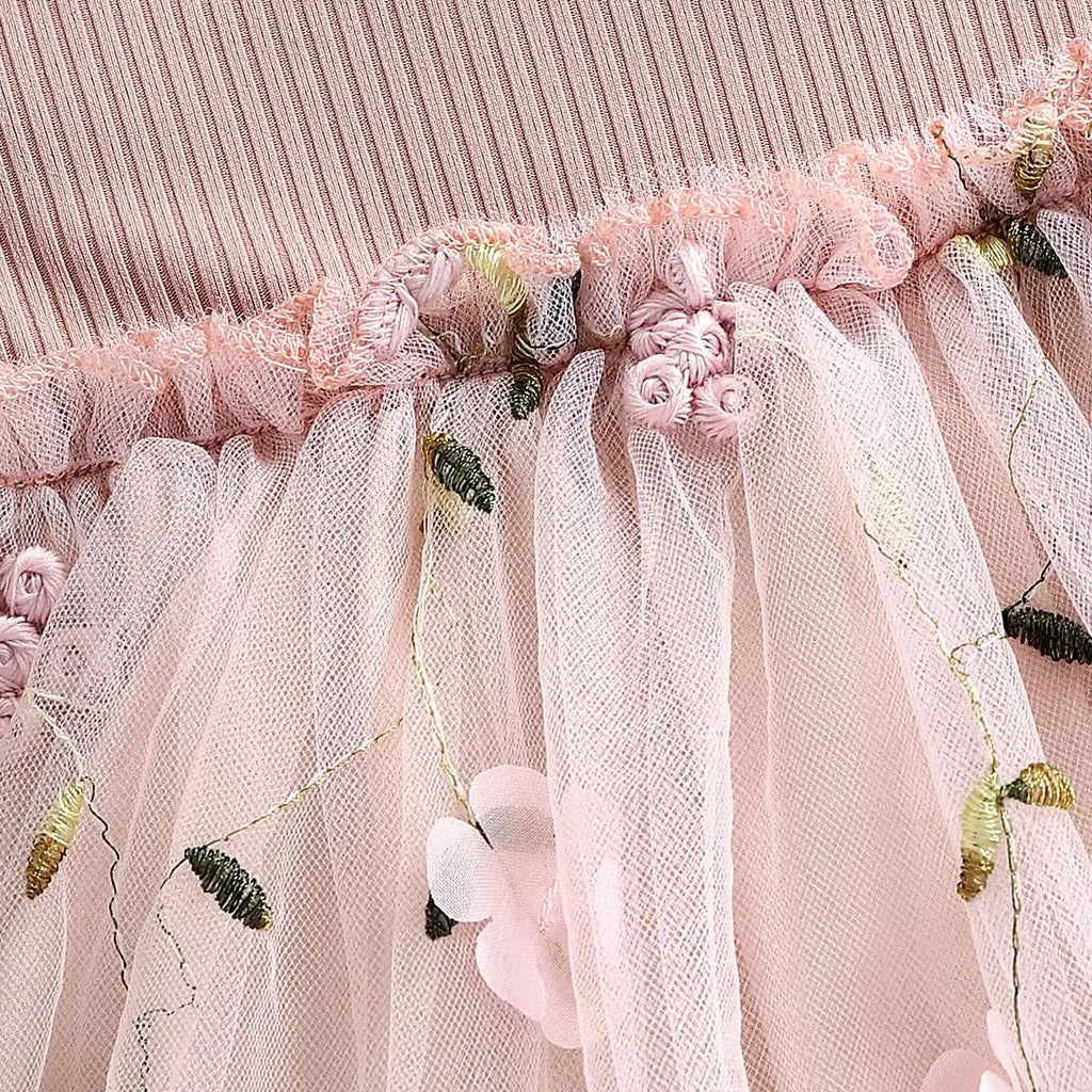 Baby Girl Pink Ribbed Long-Sleeve Bowknot Floral Embroidered Mesh Dress Perfect For Outings And Daily Wear