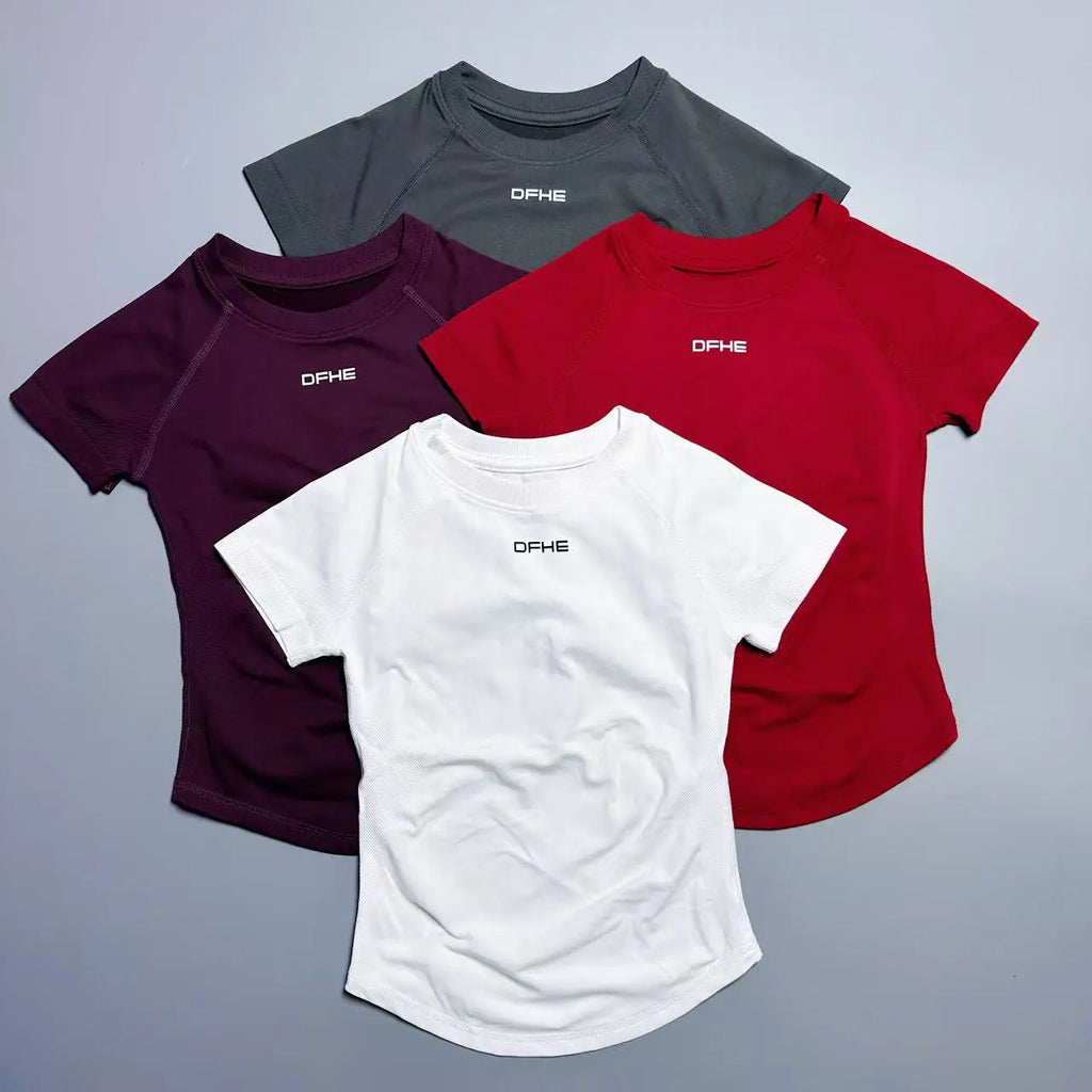 DFHE Women Breathable Sports T Shirt Short Sleeve Round Neck Elastic Casual Tops For Gym Yoga Running Fitness