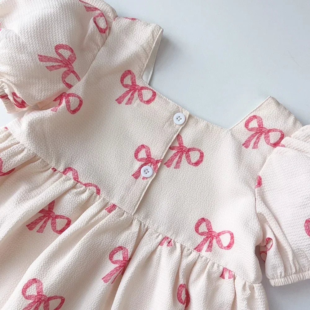 Bear Leader Summer Short Sleeved Girls Casual Dresses Pink Bow Print Square Neck Sweet Princess Dress Daily Simple Kids Clothes