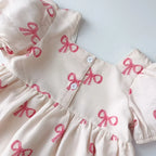 Bear Leader Summer Short Sleeved Girls Casual Dresses Pink Bow Print Square Neck Sweet Princess Dress Daily Simple Kids Clothes