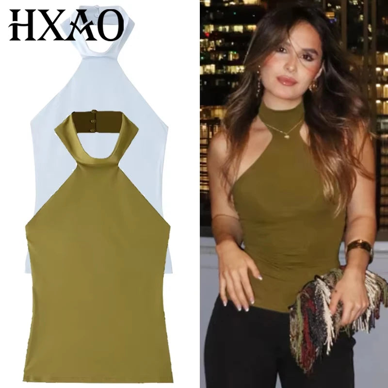 HXAO Halter Top Women Summer 2025 Tanks & Camis Green Blue Tight Tops Sexy Off Shoulder Sleeveless Backless Tops Elegant Vests
