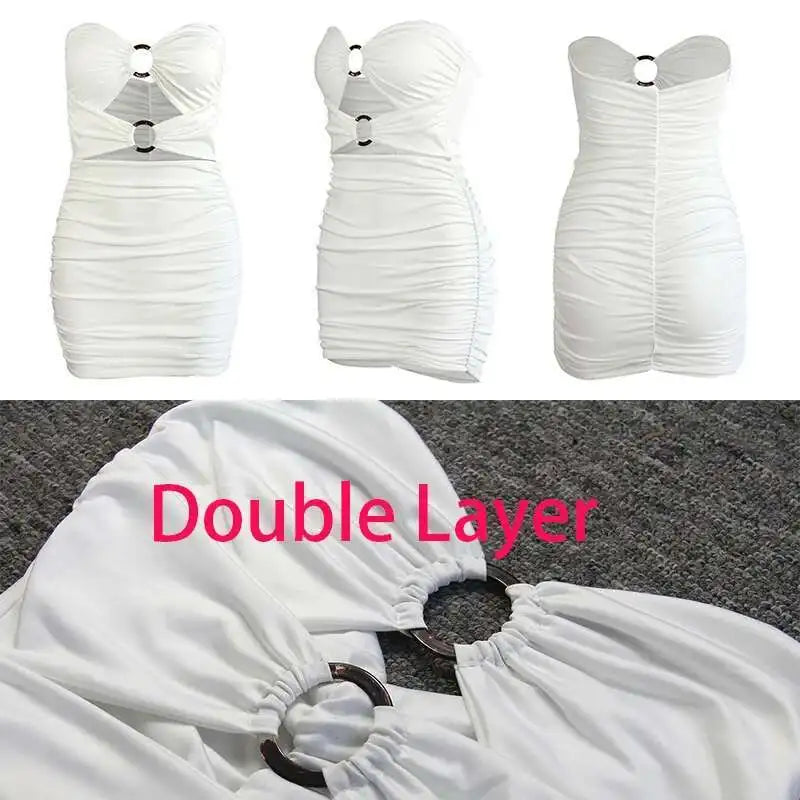 Giyu Sexy Bodycon Dress Women 2026 Summer Club Party Dresses Casual Backless Bow O-ring Hollow Out Ruched Red White Mini Robe