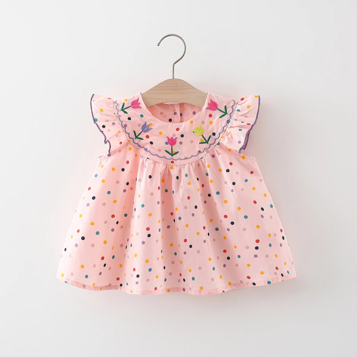 Cotton Baby Dress Flower Embroidery Comfortable Baby Dress Colorful Polka Dot Printed Dress