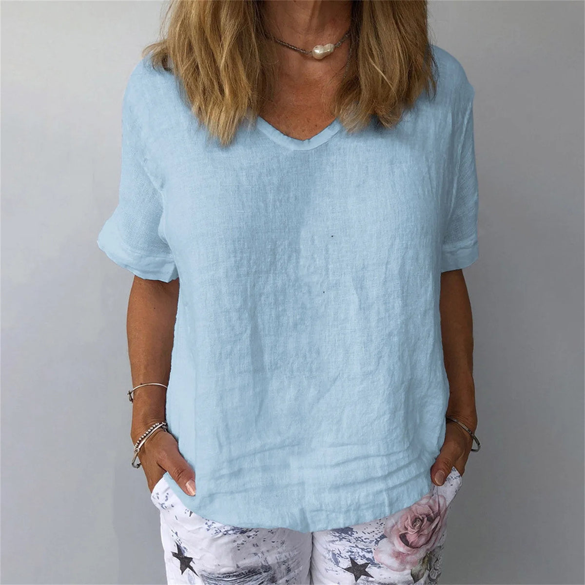 Womens Casual Cotton Linen Blouse Summer V Neck Soft T Shirt Tops Tunic Female Basic Cotton T Shirt C Simple Style Undershirts