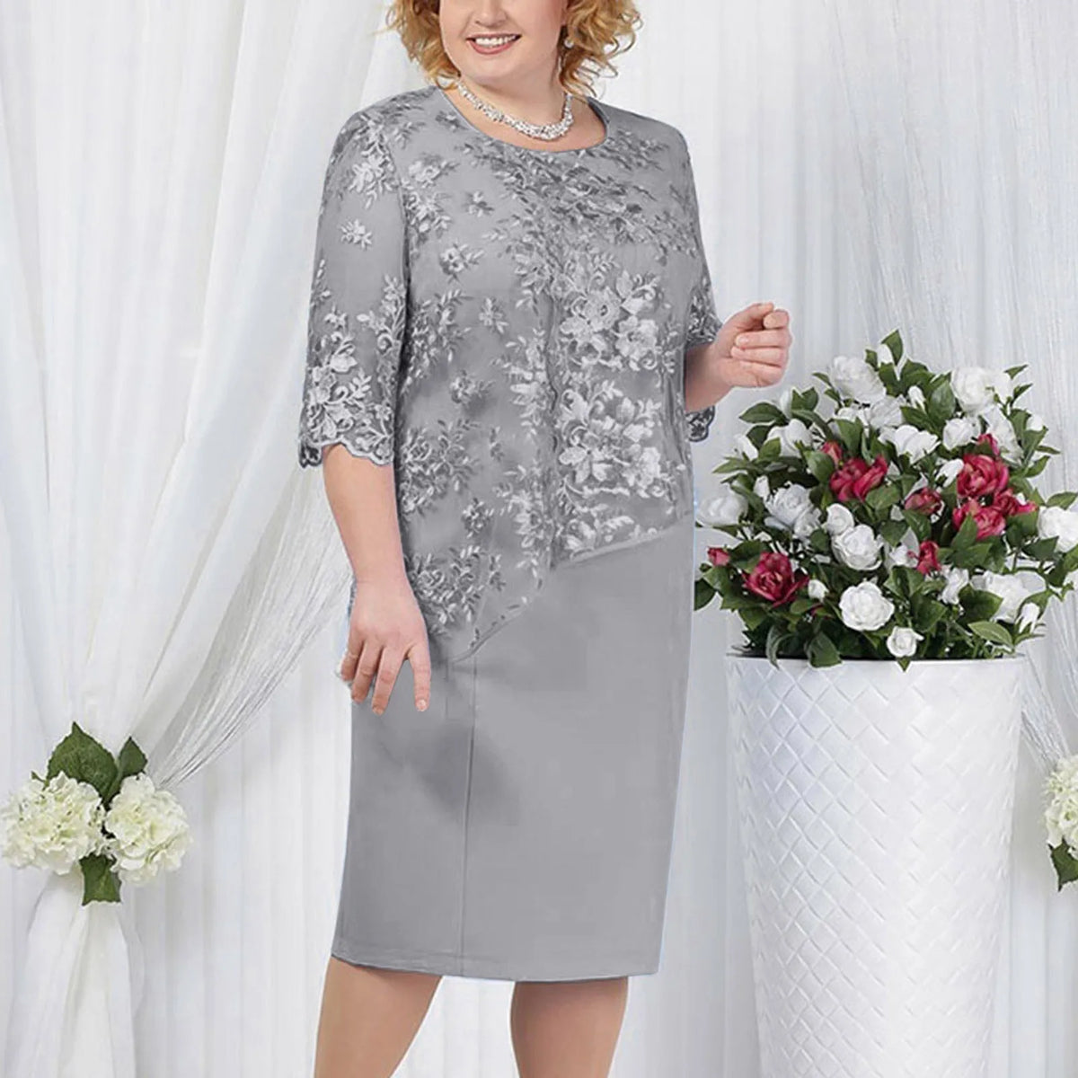 Female Elegant Dresses Women Plus Size Lace Patchwork Halt Sleeve Dress Slimming Wrap Hip Cocktail Evening Party Dresses