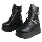 New Women Pu Leather Ankle Booties Woman Autumn Winter Round Toe Lace Up Shoes Woman Motorcycle Platform Gothic Boots Cosplay