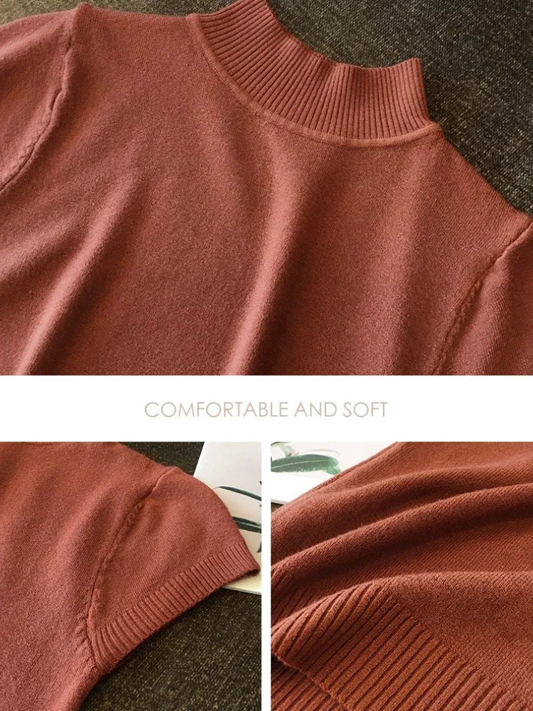 Half-High Neck T-Shirt Women's Fashion Jumper Casual Tops Korean Style Elegant Solid-Coloured Clothing Spring And Summer Season