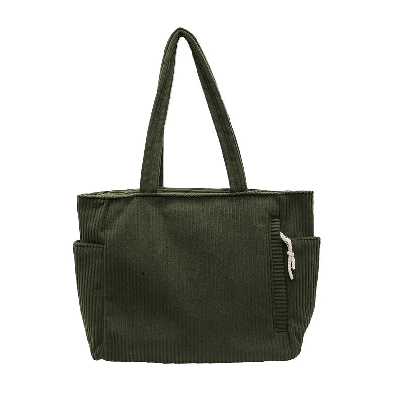 Casual Corduroy Handbag with Zipper Closure Light and Large Capacity Fixed Shoulder Strap Solid Color Daily Commuter Handbag