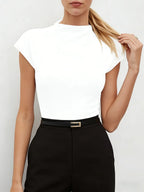 White Turtleneck Short Sleeve Knit Top Women Elegant Slim Fit Solid Color High Neck Pullover Female Office Commuter Knitwear