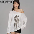 Kimotimo Summer Print Off Shoulder Long Sleeve T-shirt Women 2026 New Casual Transparent Loose Lazy Top Kpop Fashion Y2k Tees