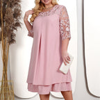 Womens Loose Elegant Formal Dress Summer Flower Embroidery O Neck Large Size Casual Chiffon Dress Wedding Festive Cocktail Dress