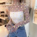 2026  Autumn Hollow Out Mesh T-Shirt Daisy Flower Pattern Crop Top sexy Transparent Long Sleeves Basic Tops For Women Lace Tops