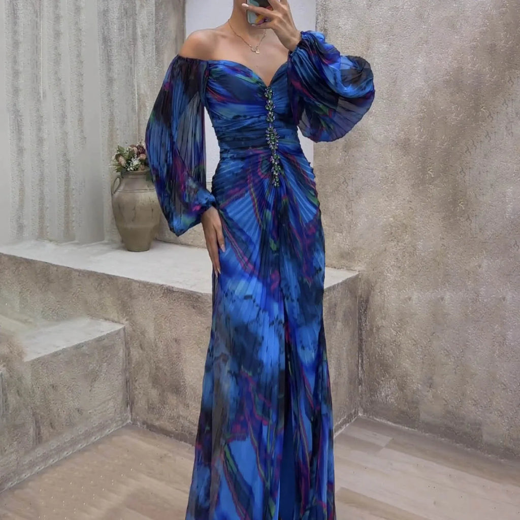 Ladies Gathering Long Sleeved Dress Pleated Slim Evening Party Dress For Women Chic Gala Graduation Dresses Vestidos Para Mujer