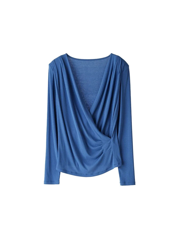 SuyaDream Women's Silk Blend T-Shirt, Wrapped V Neck, Long Sleeved, Ribs Knitted Basic Tee, Monochromatic, 2023 Fall, Winter