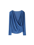 SuyaDream Women's Silk Blend T-Shirt, Wrapped V Neck, Long Sleeved, Ribs Knitted Basic Tee, Monochromatic, 2023 Fall, Winter